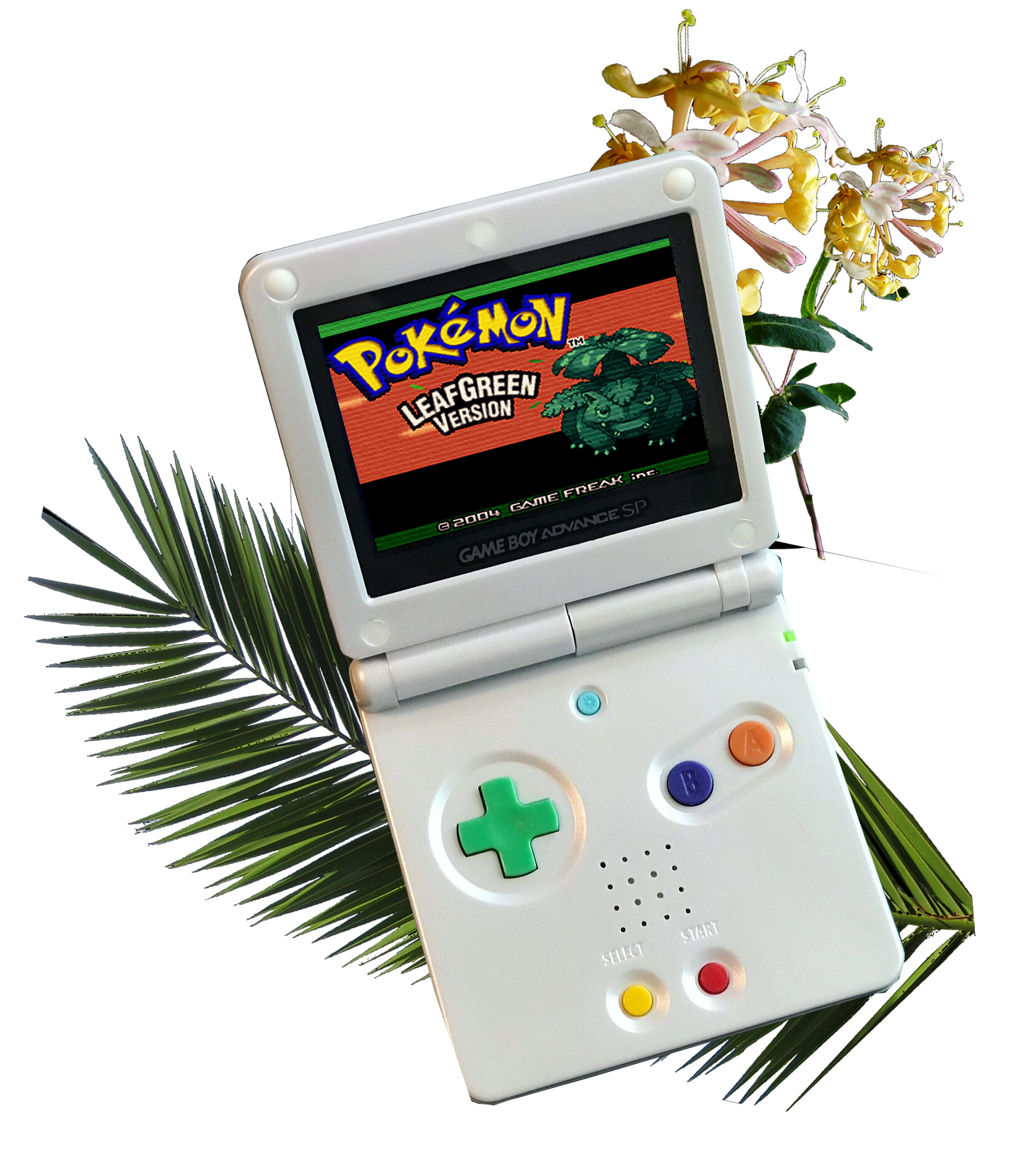 A light-gray gameboy advanced sp with multi-colored buttons is shown with Pokemon Leaf Green on the screen. Behind it is a palm leaf and a honeysuckle plant. Press this image to go to the main page.